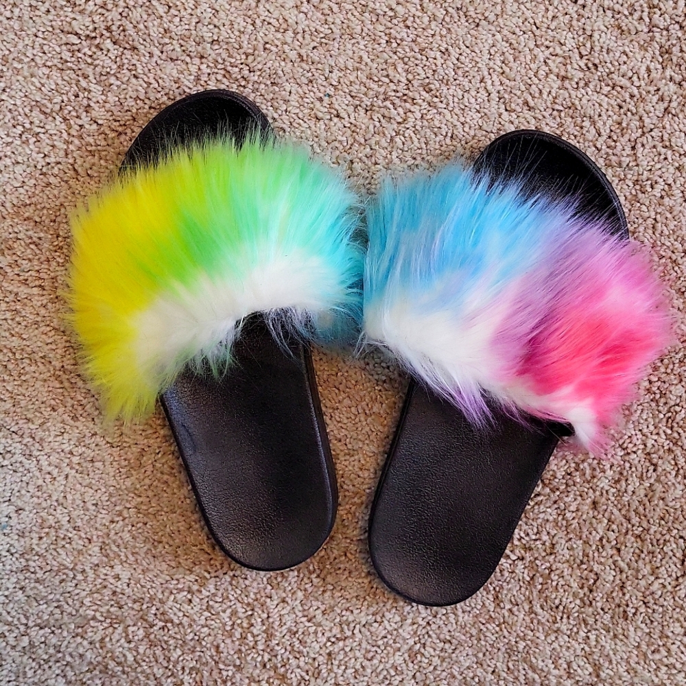 Rainbow/tie dye faux fur slide sandals-Brand New